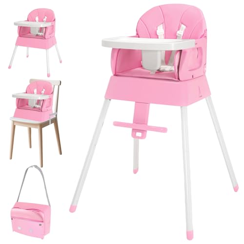 BOSEDSANG 4-in-1 Baby High Chair, Convertible Highchair for Babies and Toddlers, Portable High Chair with Foldable Design, Booster Seat for Kitchen, Dining & Outdoor Use, Easy to Clean & Storage(Pink) - Image 1