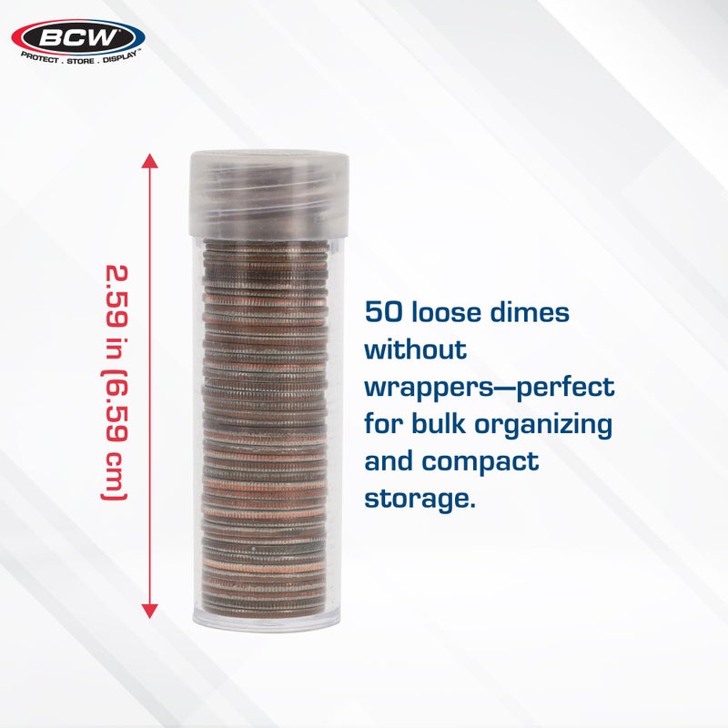 BCW Coin Tubes for Dimes - 10ct | Holds "Roosevelt" Dime | Durable Plastic Tube Coin Holders | Coin Collecting Supplies | Dime Coin Tubes | Coin Storage Tubes with Airtight Lids - Image 3