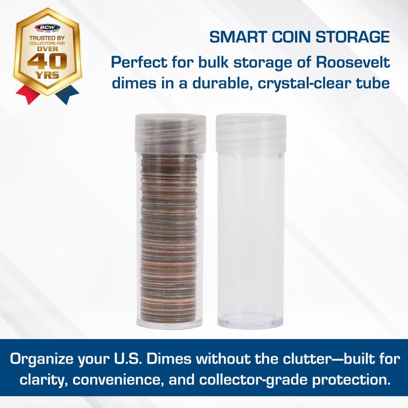 BCW Coin Tubes for Dimes - 10ct | Holds "Roosevelt" Dime | Durable Plastic Tube Coin Holders | Coin Collecting Supplies | Dime Coin Tubes | Coin Storage Tubes with Airtight Lids - Image 2