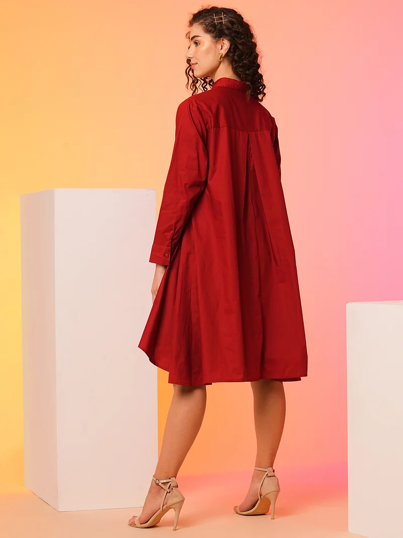 جلو باص Women Maroon Asymmetric Loose Fit A-Line Dress