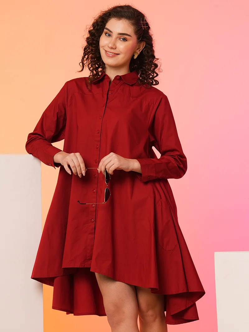 جلو باص Women Maroon Asymmetric Loose Fit A-Line Dress