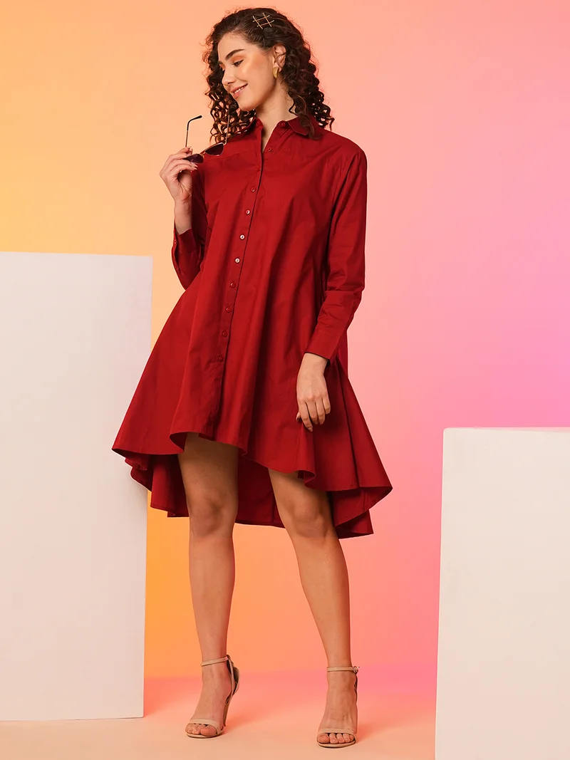 جلو باص Women Maroon Asymmetric Loose Fit A-Line Dress