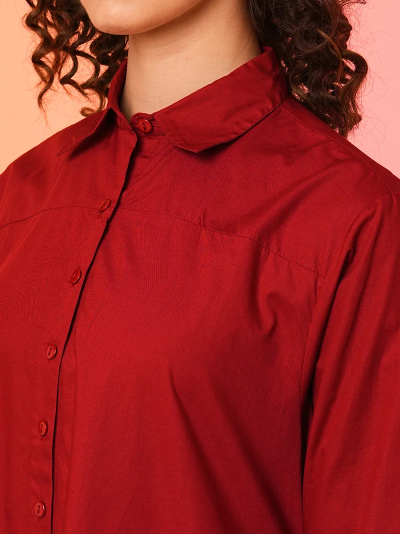 جلو باص Women Maroon Asymmetric Loose Fit A-Line Dress