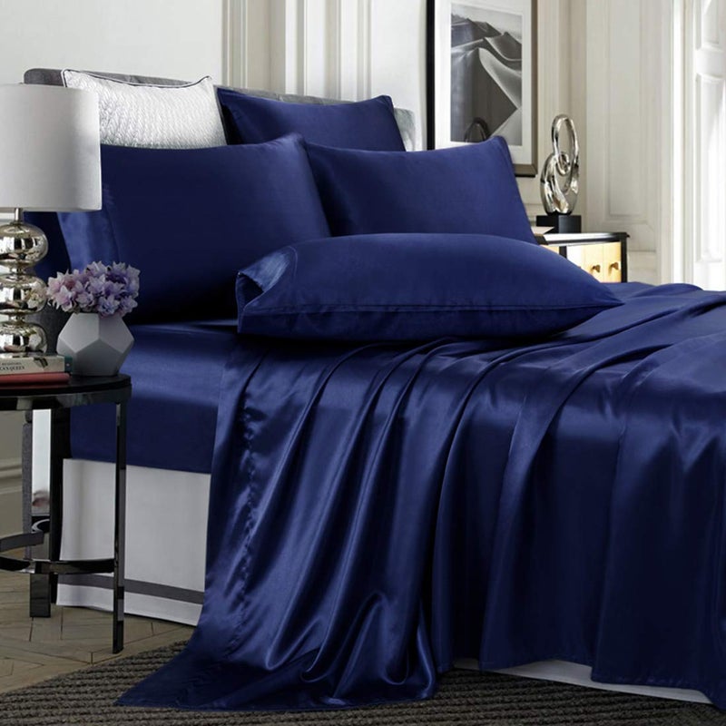 TREELY 6 Piece King Size Satin Sheet Set  Navy Blue Deep Pocket Fitted Sheet Flat Sheet 4 Pillowcases