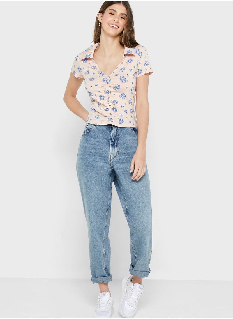 MONKI - Polo Neck Ruched Crop Top - Image 1