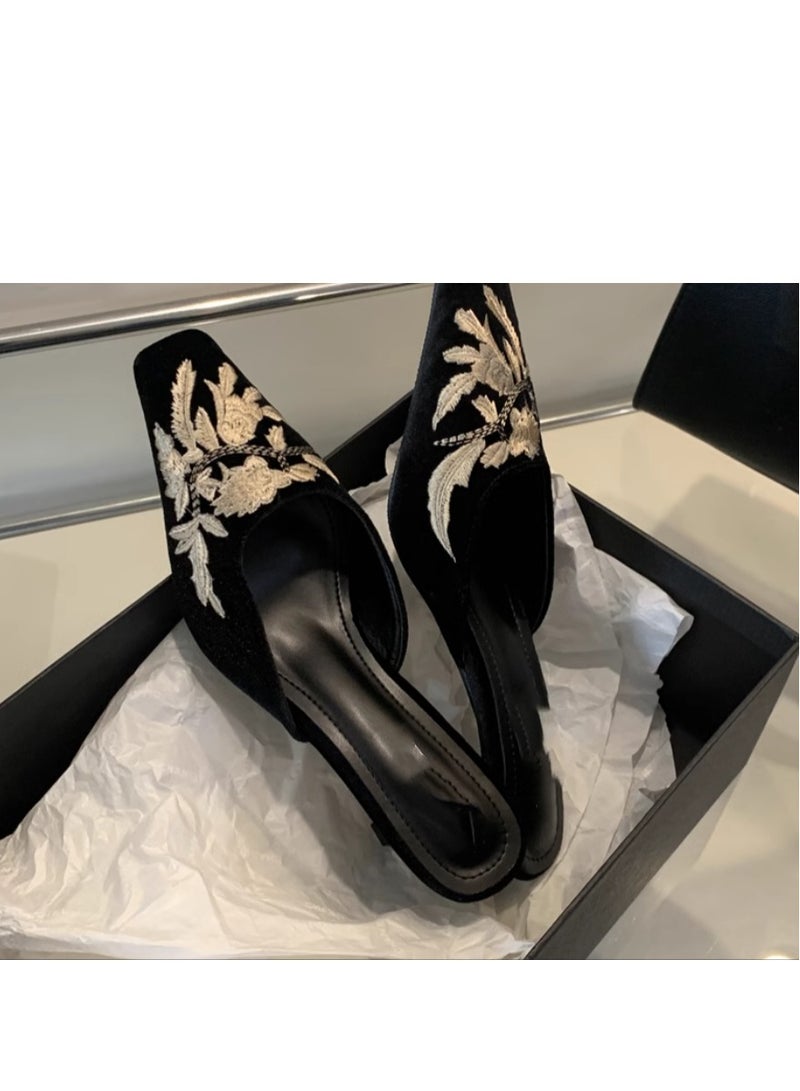 New Chinese Embroidery Half Dragged Women's Shoes High Heels Embroidered Flowers Retro Half Dragged Fashion Pointed Fine Heels Cool Drags - Image 1
