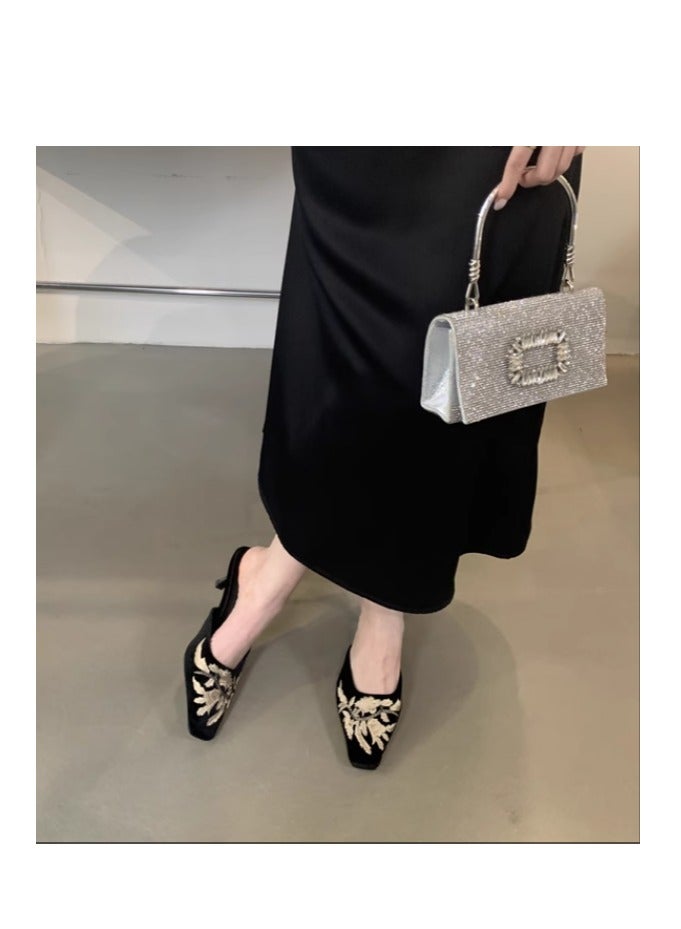 New Chinese Embroidery Half Dragged Women's Shoes High Heels Embroidered Flowers Retro Half Dragged Fashion Pointed Fine Heels Cool Drags - Image 3