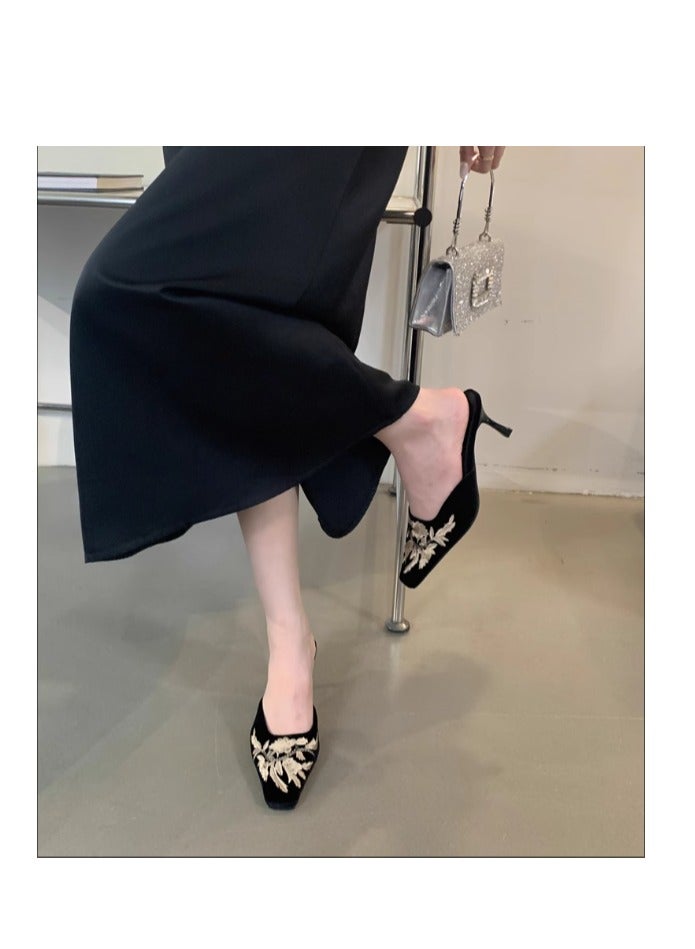 New Chinese Embroidery Half Dragged Women's Shoes High Heels Embroidered Flowers Retro Half Dragged Fashion Pointed Fine Heels Cool Drags - Image 5