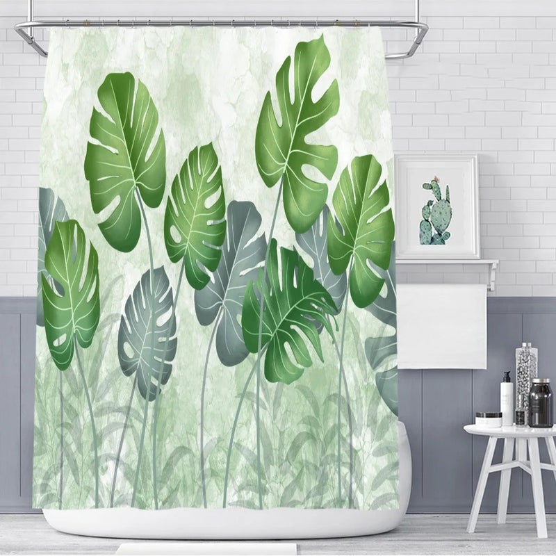 Y&D Shower Curtain Set Bathroom Nordic Green Leaves Waterproof Printing Bathroom Mat Set With Shower Curtain - Image 1