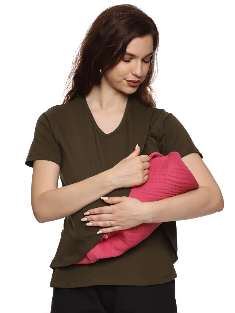 KIKWIT Maternity Feeding Tops Without Zip for Women, Feeding Coverup Pregnancy Tshirt,Feeding T-Shirt for Easy Nursing & Breastfeeding, Maternity Top Wear for Mothers (in, Alpha, 3XL, Green) - Image 1