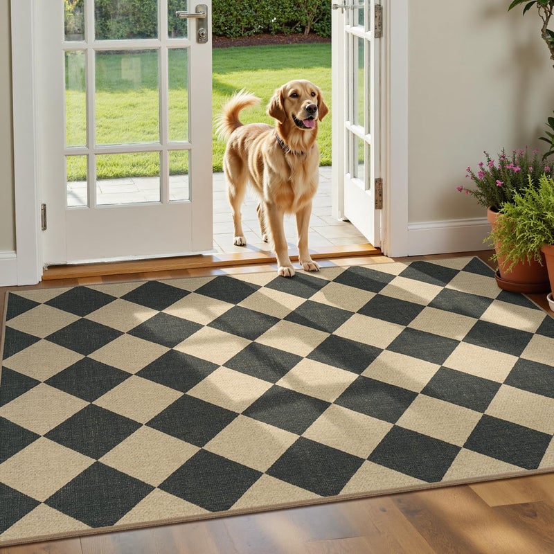 Lessymo Checkered 3x5 Outdoor Patio Rug, Washable Easy Jute Rugs for Entryway Indoor Outdoor Living Room Carpet, Farmhouse Non Slip Door Mat for Backyard Bedroom, Diamond Black/Beige - Image 2