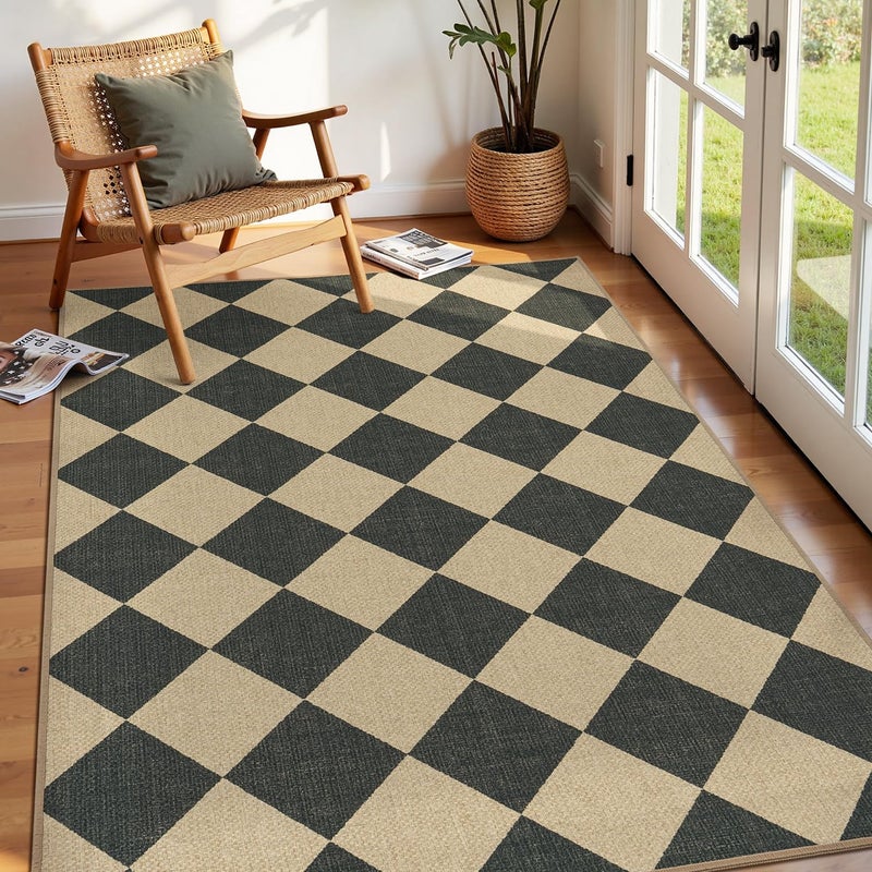 Lessymo Checkered 3x5 Outdoor Patio Rug, Washable Easy Jute Rugs for Entryway Indoor Outdoor Living Room Carpet, Farmhouse Non Slip Door Mat for Backyard Bedroom, Diamond Black/Beige - Image 1