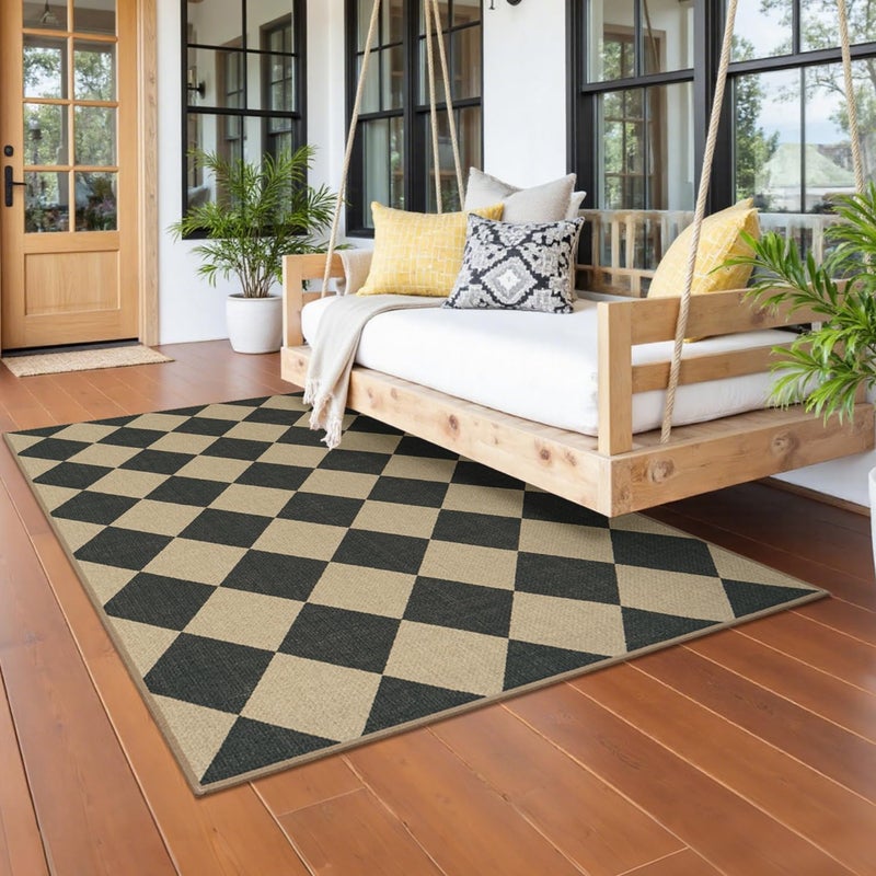 Lessymo Checkered 3x5 Outdoor Patio Rug, Washable Easy Jute Rugs for Entryway Indoor Outdoor Living Room Carpet, Farmhouse Non Slip Door Mat for Backyard Bedroom, Diamond Black/Beige - Image 5