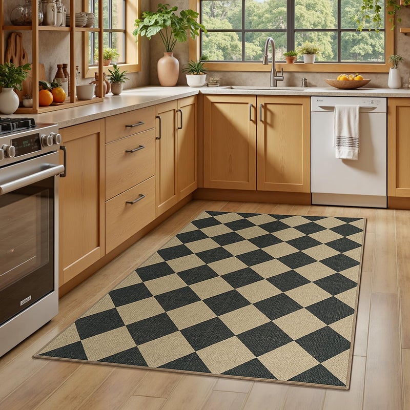 Lessymo Checkered 3x5 Outdoor Patio Rug, Washable Easy Jute Rugs for Entryway Indoor Outdoor Living Room Carpet, Farmhouse Non Slip Door Mat for Backyard Bedroom, Diamond Black/Beige - Image 4