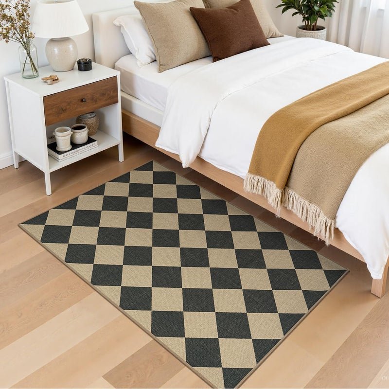 Lessymo Checkered 3x5 Outdoor Patio Rug, Washable Easy Jute Rugs for Entryway Indoor Outdoor Living Room Carpet, Farmhouse Non Slip Door Mat for Backyard Bedroom, Diamond Black/Beige - Image 3