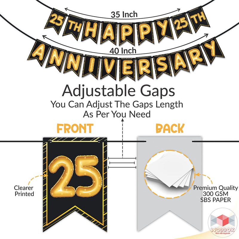 Wobbox Happy Anniversary Bunting Banner Black & Star Golden Balloon Font 25th Year Happy Anniversary, Anniversary Decoration for Home, Happy Anniversary Decoration Item, - Image 2