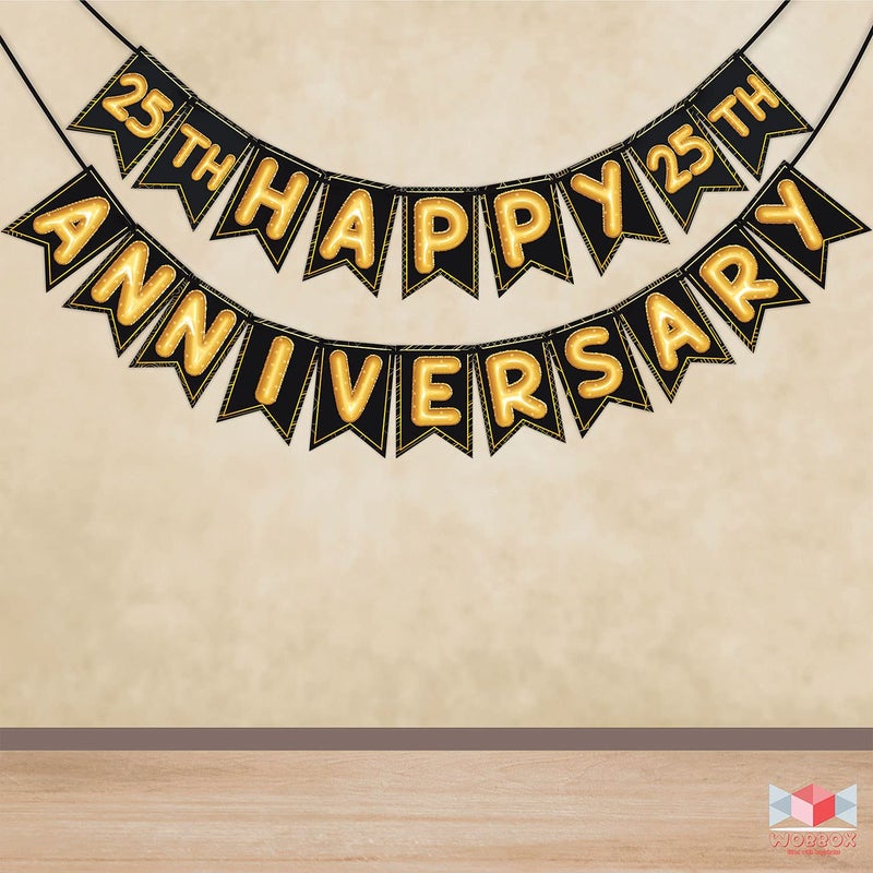 Wobbox Happy Anniversary Bunting Banner Black & Star Golden Balloon Font 25th Year Happy Anniversary, Anniversary Decoration for Home, Happy Anniversary Decoration Item, - Image 1