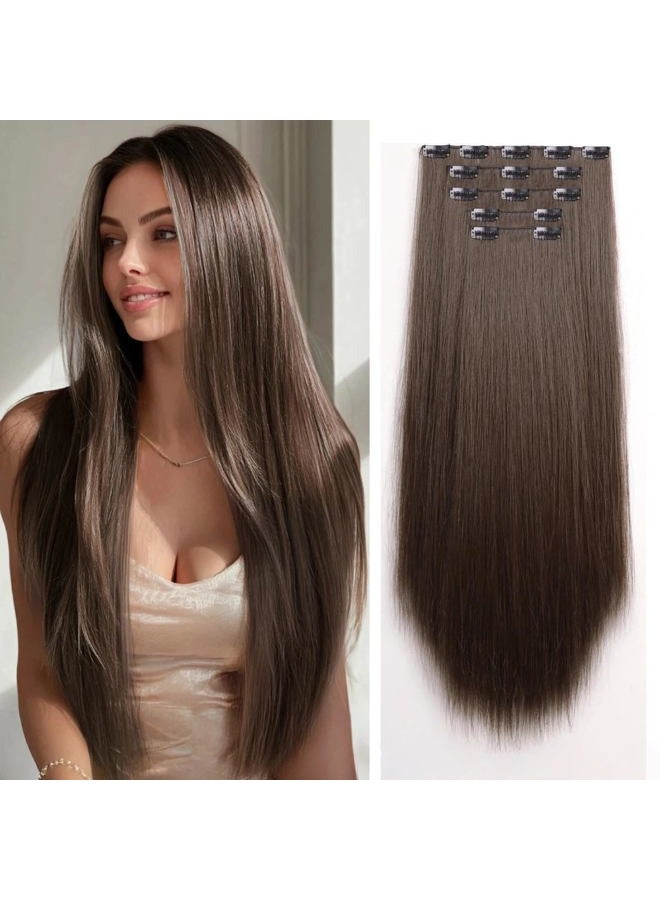 StrRid Dark Brown Clip in Hair Extensions 26 Inch Invisible Long Synthetic Extension 5PCS Straight Fake Heat Resistant Clips on Hairpieces for Women Girls Weddings Party Daily Use Full Head 8.1 Oz - Image 1