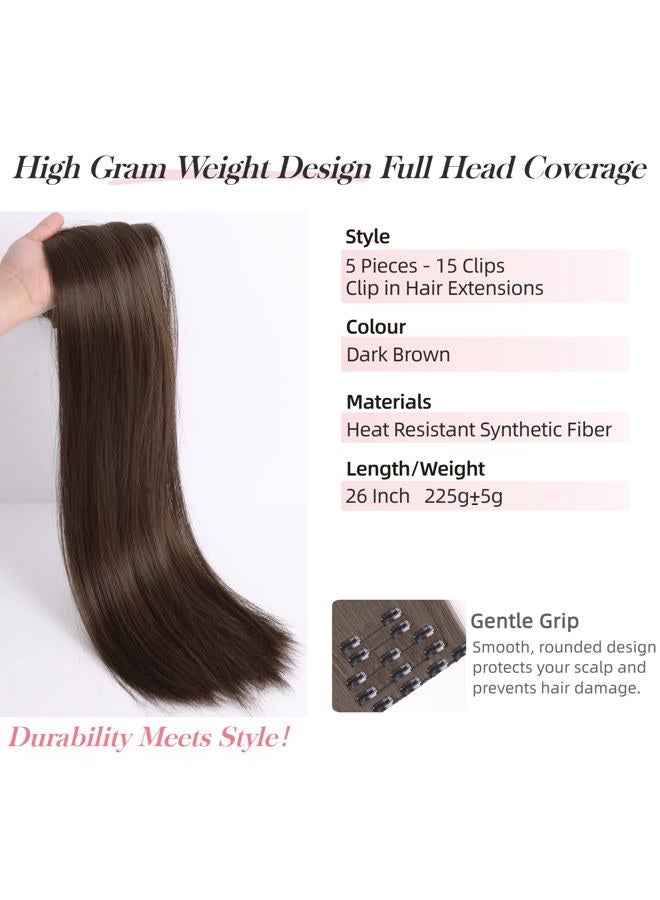 StrRid Dark Brown Clip in Hair Extensions 26 Inch Invisible Long Synthetic Extension 5PCS Straight Fake Heat Resistant Clips on Hairpieces for Women Girls Weddings Party Daily Use Full Head 8.1 Oz - Image 2