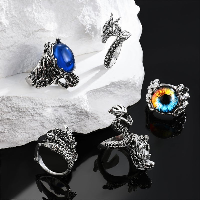 EIELO 24Pcs Vintage Punk Rings Set for Men Cool Gothic Chunky Rings Statement Snake Claw Skull Dragon Eyes of Hell Open Boho Ring Set - Image 5