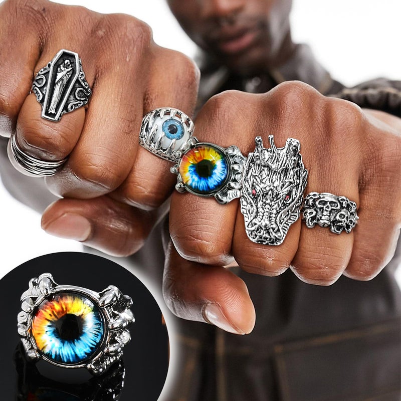 EIELO 24Pcs Vintage Punk Rings Set for Men Cool Gothic Chunky Rings Statement Snake Claw Skull Dragon Eyes of Hell Open Boho Ring Set - Image 3