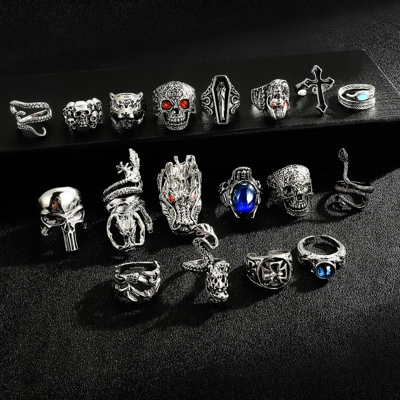 EIELO 24Pcs Vintage Punk Rings Set for Men Cool Gothic Chunky Rings Statement Snake Claw Skull Dragon Eyes of Hell Open Boho Ring Set - Image 2