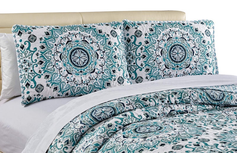 Home Collection 3pc King/Cal King Quilted Bedspread Set Floral Bedding Turquoise Navy Blue White Sage Green - Image 2
