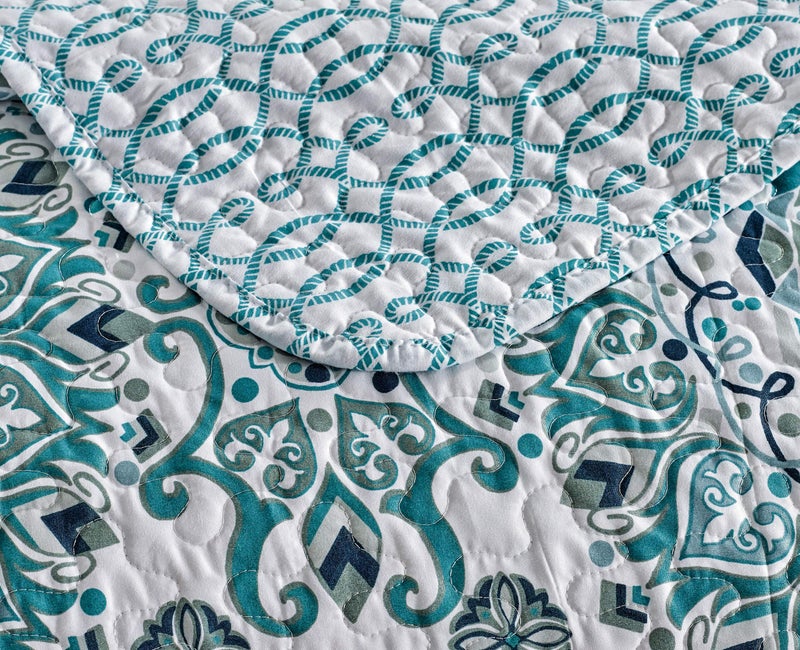 Home Collection 3pc King/Cal King Quilted Bedspread Set Floral Bedding Turquoise Navy Blue White Sage Green - Image 3