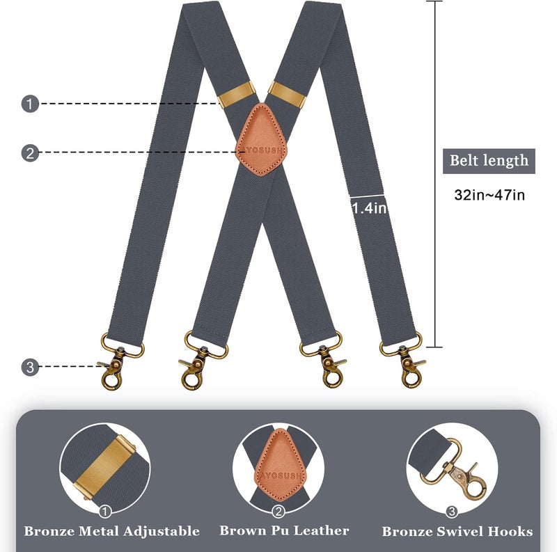 AYOSUSH Vintage Suspenders for Men Heavy Duty 4 Snap Hooks for Belt Loops Adjustable X Back - Image 2