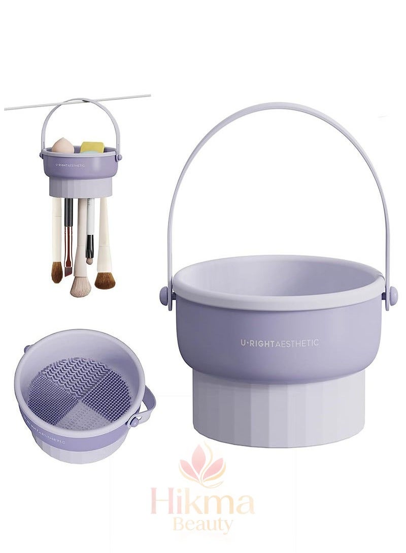 Hikma Beauty Makeup Brush Cleaning Mat with Brush Drying Holder, 2 in 1 Silicone Cosmetic Scrubber, Portable Washing Tool Makeup - Purple - Image 1