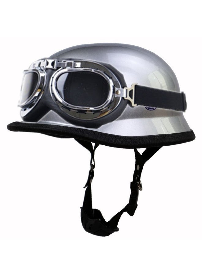 Silver Retro Motorcycle Helmet with Flat-Angle Goggles, DOT Certified