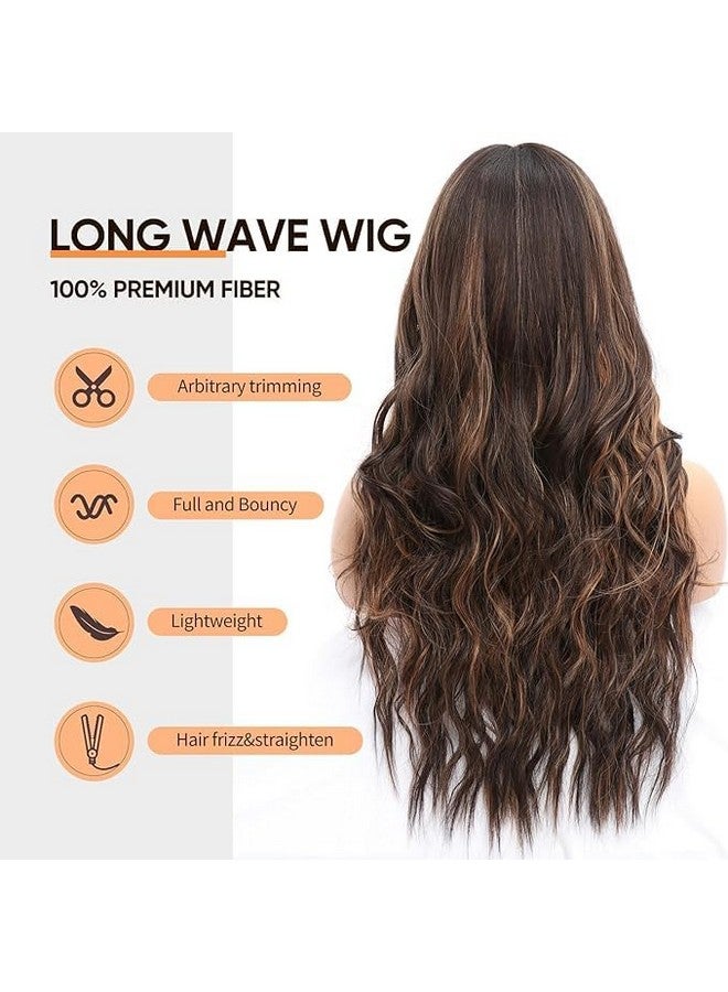 Thrift Bazaar Brown Highlight Wig with Bangs Long Wavy Wig for Women Dark Brown Wigs with Highlights，Natural Appearance Heat-Resistant Synthetic Wig Suitable for Fashionable Women（26 inch） - Image 4