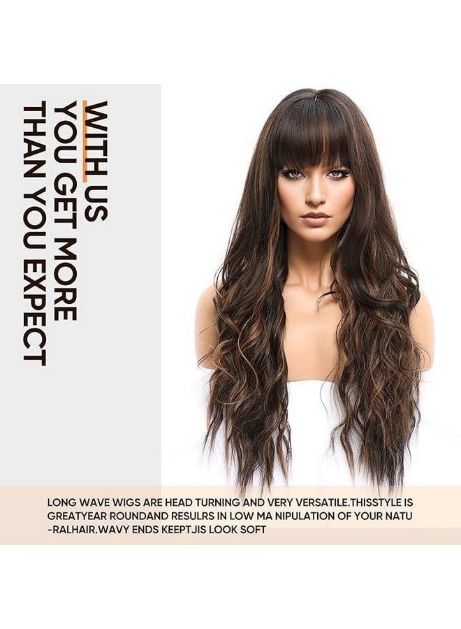 Thrift Bazaar Brown Highlight Wig with Bangs Long Wavy Wig for Women Dark Brown Wigs with Highlights，Natural Appearance Heat-Resistant Synthetic Wig Suitable for Fashionable Women（26 inch） - Image 2