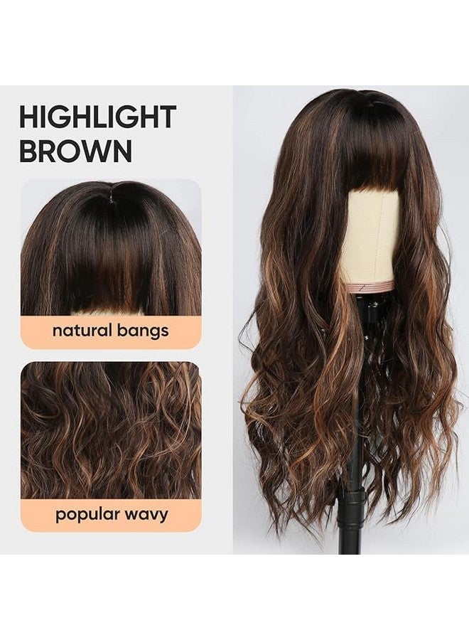 Thrift Bazaar Brown Highlight Wig with Bangs Long Wavy Wig for Women Dark Brown Wigs with Highlights，Natural Appearance Heat-Resistant Synthetic Wig Suitable for Fashionable Women（26 inch） - Image 3