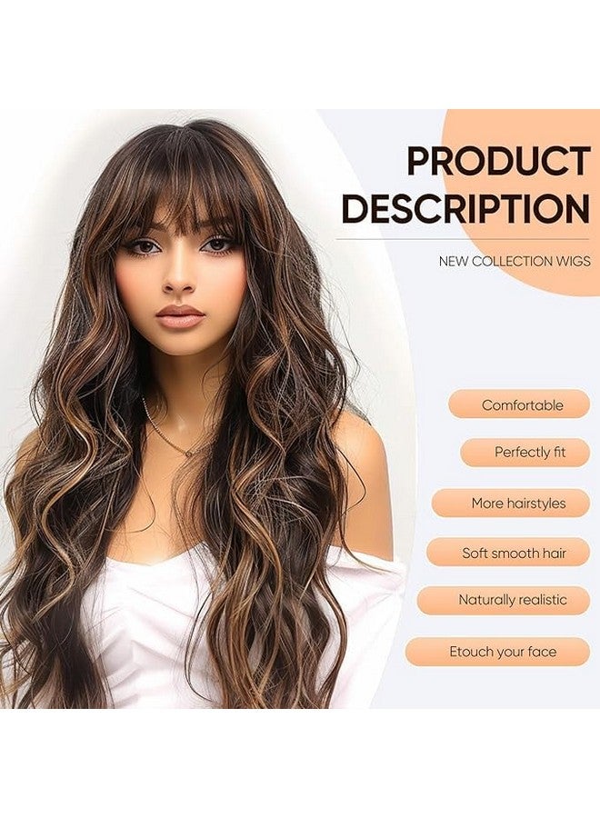 Thrift Bazaar Brown Highlight Wig with Bangs Long Wavy Wig for Women Dark Brown Wigs with Highlights，Natural Appearance Heat-Resistant Synthetic Wig Suitable for Fashionable Women（26 inch） - Image 5