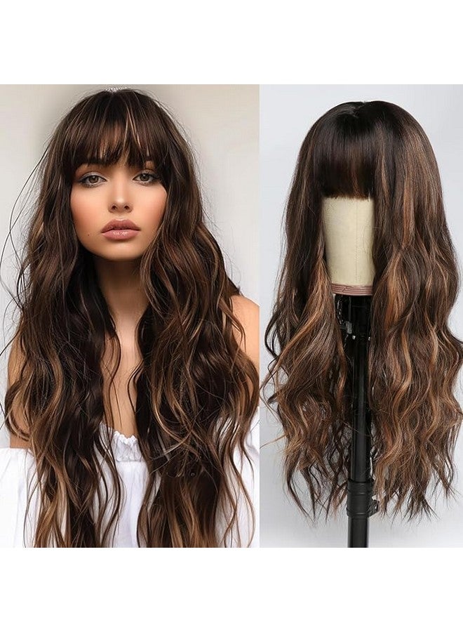 Thrift Bazaar Brown Highlight Wig with Bangs Long Wavy Wig for Women Dark Brown Wigs with Highlights，Natural Appearance Heat-Resistant Synthetic Wig Suitable for Fashionable Women（26 inch） - Image 1