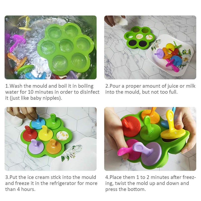 Baker Boutique قالب مصاصة سيليكون صغير، قالب مصاصة DIY بسبع تجاويف مع عصي بلاستيكية ملونة، صانعي المصاصات لوجبات البيض، المصاصة وآيس كريم، حاوية تخزين طعام للأطفال، صواني مكعبات ثلج غير لاصقة، لون: أخضر - Image 4