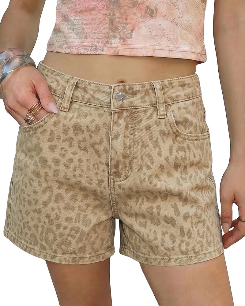 luvamia Jean Shorts for Women High Waisted Cheetah Leopard Print Jean Shorts Women Stretchy Denim Summer Casual Jorts Khaki Leopard Size Large Fits US 12-14 - Image 1