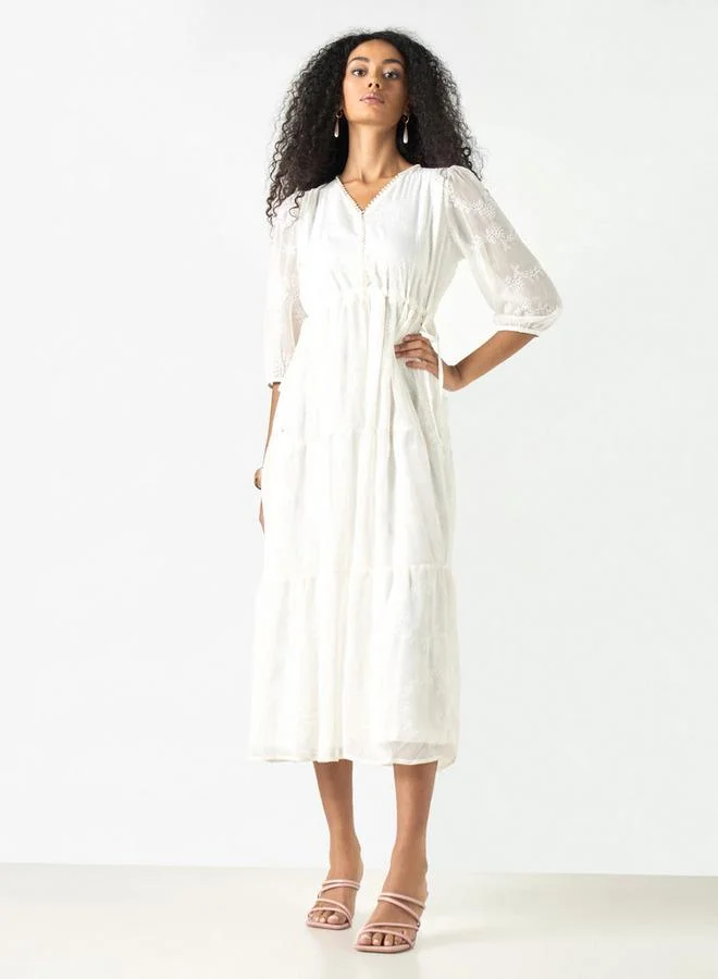 2Xtremz 2Xtremz Embroidered V-neck A-line Midi Dress with Puff Sleeves