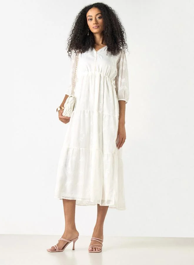 2Xtremz 2Xtremz Embroidered V-neck A-line Midi Dress with Puff Sleeves