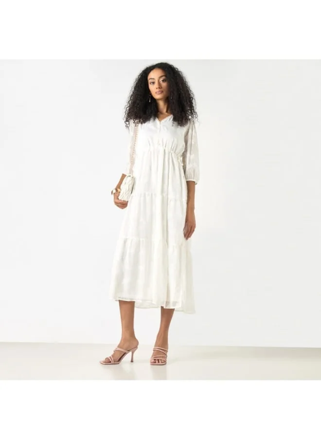 2Xtremz 2Xtremz Embroidered V-neck A-line Midi Dress with Puff Sleeves
