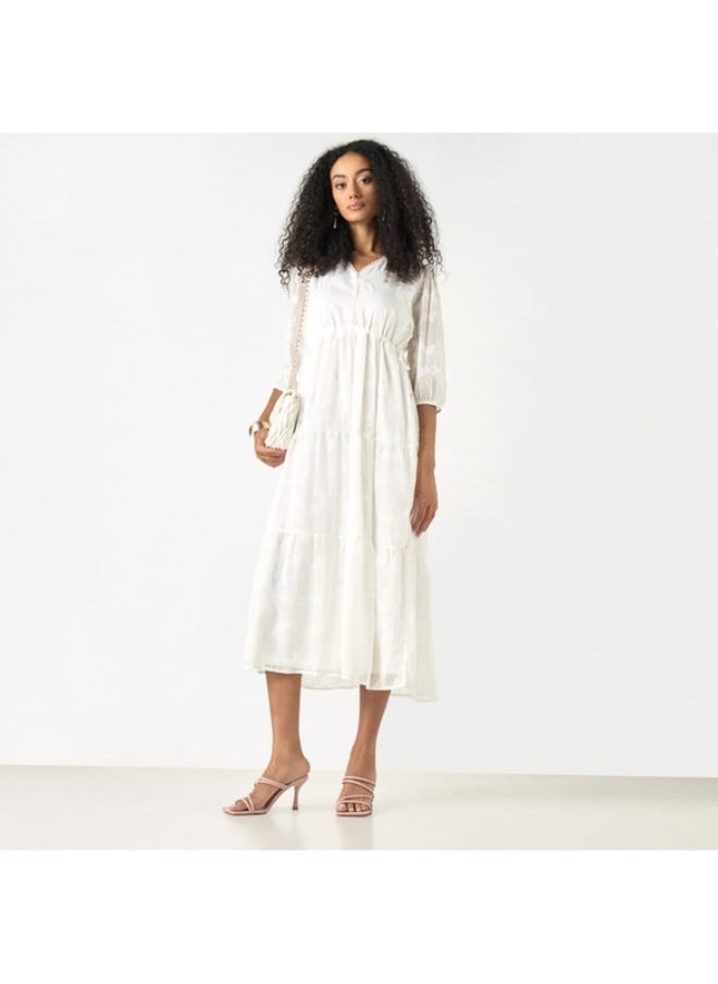 2Xtremz - 2Xtremz Embroidered V-neck A-line Midi Dress with Puff Sleeves - Image 1