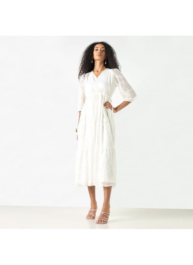 2Xtremz - 2Xtremz Embroidered V-neck A-line Midi Dress with Puff Sleeves - Image 1