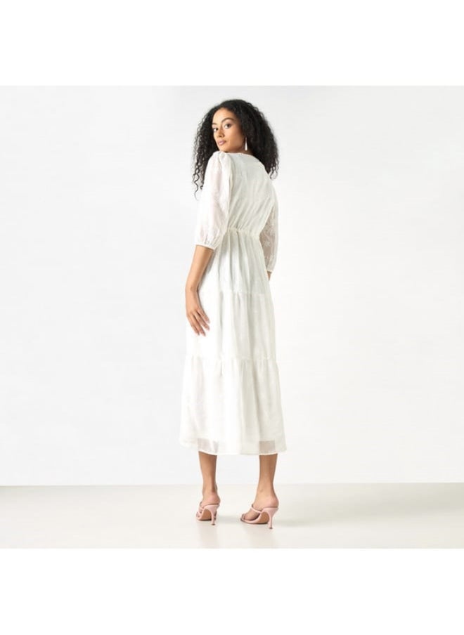 2Xtremz - 2Xtremz Embroidered V-neck A-line Midi Dress with Puff Sleeves - Image 1
