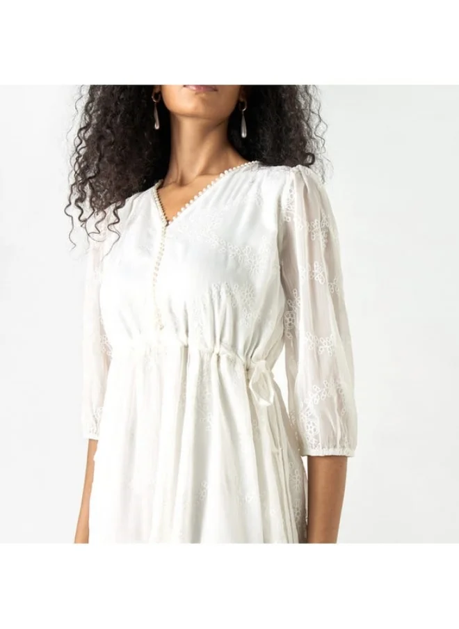 2Xtremz 2Xtremz Embroidered V-neck A-line Midi Dress with Puff Sleeves