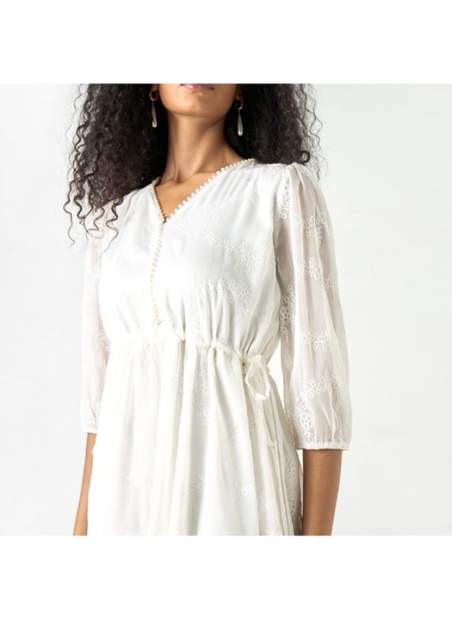 2Xtremz - 2Xtremz Embroidered V-neck A-line Midi Dress with Puff Sleeves - Image 1