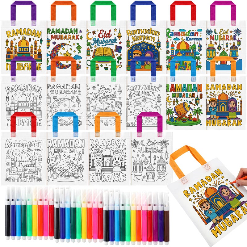 Gilprop 40 Pcs Ramadan Coloring Goodie Bags Bulk with Paint Pens Eid Mubarak Party Favors Coloring Gift Bags Ramadan Crafts Reusable Canvas Bag for Eid Mubarak Home Activities Party Favors - Image 1