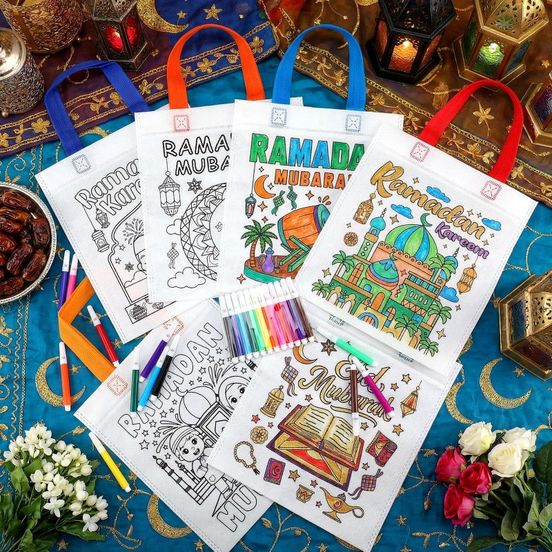 Gilprop 40 Pcs Ramadan Coloring Goodie Bags Bulk with Paint Pens Eid Mubarak Party Favors Coloring Gift Bags Ramadan Crafts Reusable Canvas Bag for Eid Mubarak Home Activities Party Favors - Image 2