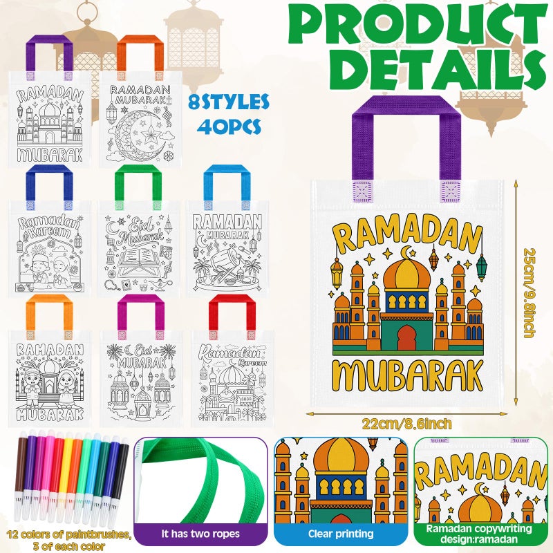 Gilprop 40 Pcs Ramadan Coloring Goodie Bags Bulk with Paint Pens Eid Mubarak Party Favors Coloring Gift Bags Ramadan Crafts Reusable Canvas Bag for Eid Mubarak Home Activities Party Favors - Image 4
