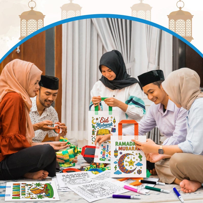 Gilprop 40 Pcs Ramadan Coloring Goodie Bags Bulk with Paint Pens Eid Mubarak Party Favors Coloring Gift Bags Ramadan Crafts Reusable Canvas Bag for Eid Mubarak Home Activities Party Favors - Image 5